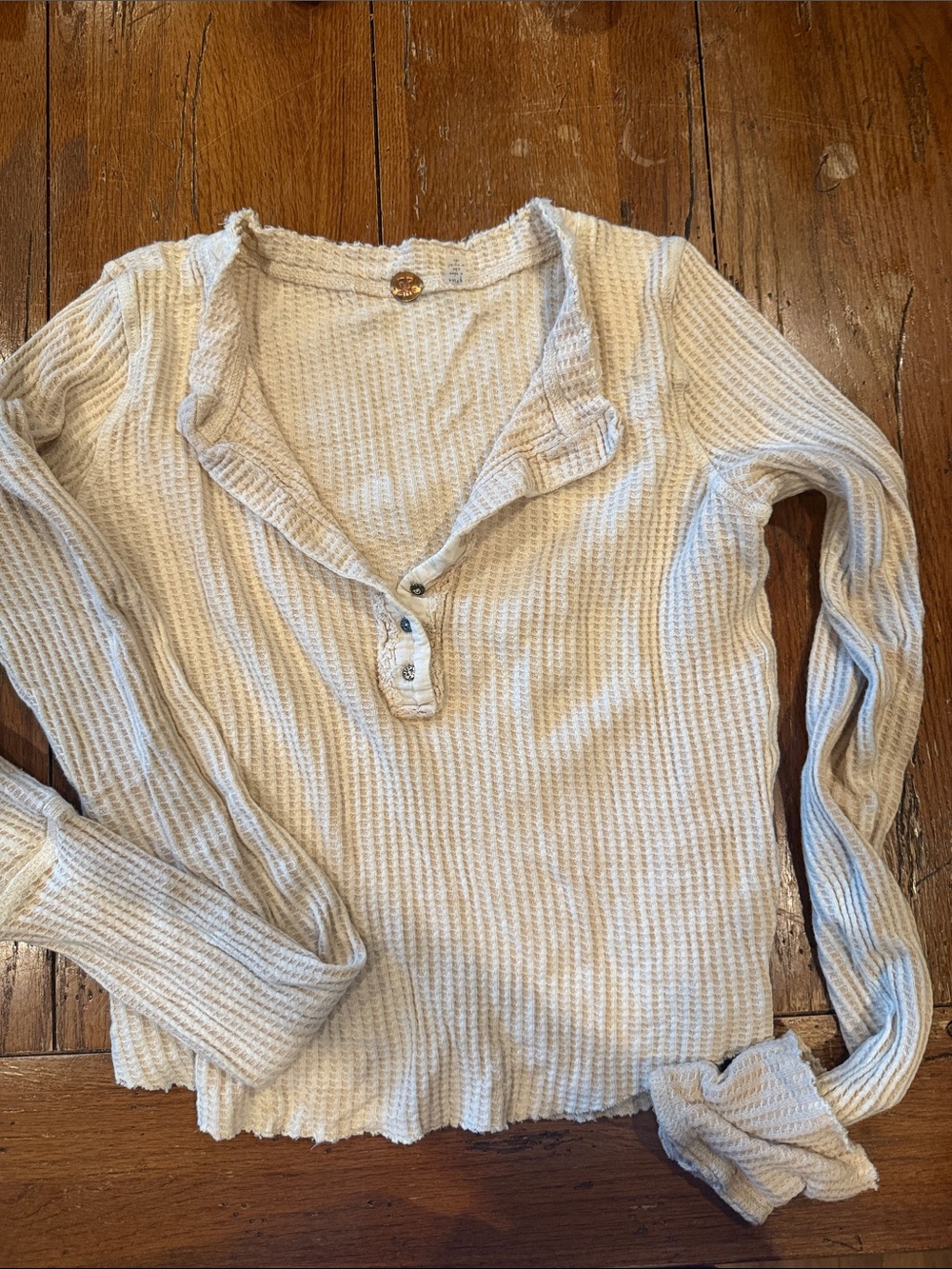 Free People Cream Waffle Henley Long Sleeve Top